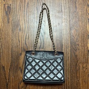 Tory Burch Medium Black Leather Fleming Convertible Shoulder / Crossbody Bag